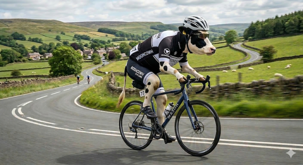 Moohcowh riding a Giant road bike